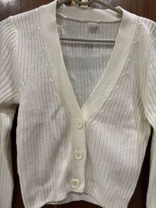 Cream Ribbed V-Neck Cardigan