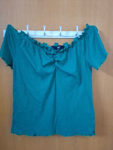 Green Ribbed Off-Shoulder Top