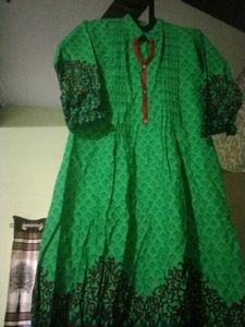 Green Printed Kurta with Red Neckline