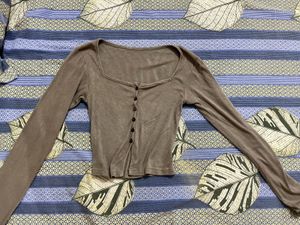 Ribbed Square Neck Button-Up Top