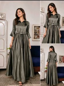 Napoleon Girls Olive Green Satin Shirt-Style Gown