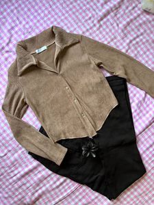Ribbed Collared Button-Up Top
