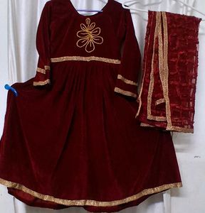 Maroon Velvet Kurta Set with Dupatta