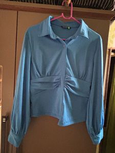 Blue Ruched Button-Up Shirt
