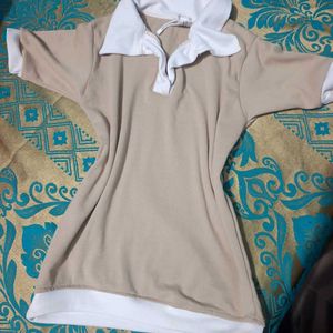 Chic Beige &amp; White Polo Top