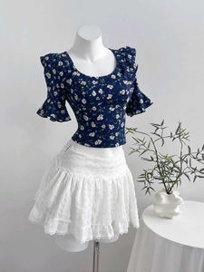 Navy Floral Bell Sleeve Top