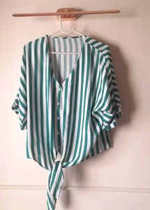 Green &amp; White Striped Tie-Front Top