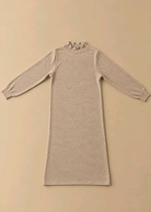 BEIGE HIGH NECK LONG SLEEVE KNIT DRESS