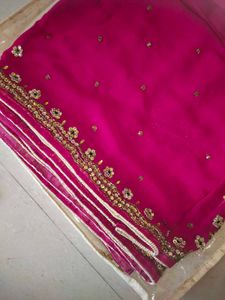 rani pink stone work saree