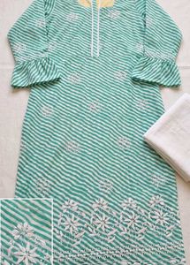 Green Striped Kurta Set with White Pants