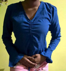Blue Ruched Long Sleeve Top