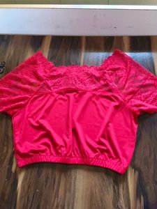 Bright Red Lace Trim Off-Shoulder Top