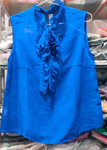 Royal Blue Ruffled Tie Neck Sleeveless Top