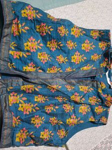 Teal Floral Print Kurta Set with Jacket