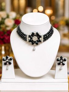 Trendy Black Crystal Beaded Choker Necklace Set