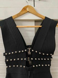 Black Studded V-Neck Bandage Dress