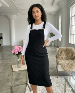 Black Ribbed Dungaree Dress | Pinafore Style Aesth