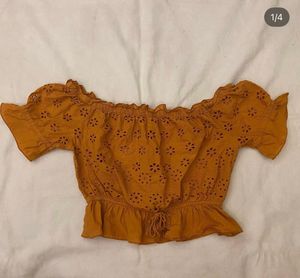 Mustard Yellow Off-Shoulder Eyelet Top