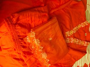 Bright Orange Embroidered Three Piece Suit Set