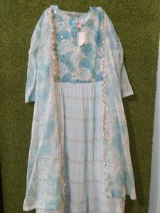 Blue Floral Embellished Dress with Shawl