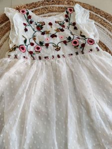 SHEIN Floral Embroidery Yoke Ruffle Trim Swiss Dot Smock Top