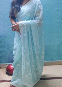 Sky Blue Embroidered Saree with stitched blouse