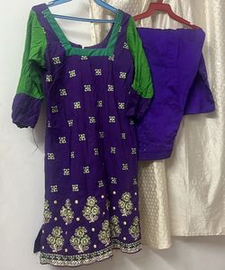 Purple &amp; Green Embroidered Kurta Set