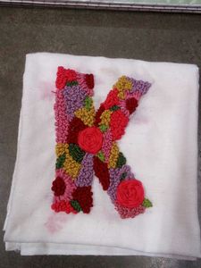 handmade floral "K" embroidery on cotton handkerch