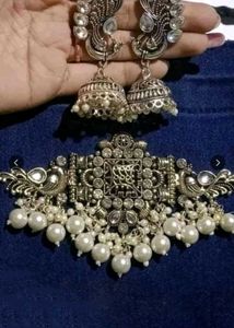 Szn brand New indian Oxidized Silver Jhumka & Chok
