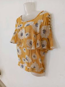 Yellow Floral Print Top with Pearl Details