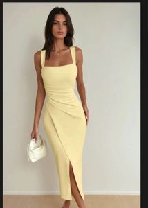 Elegant Yellow Ruched Midi Dress