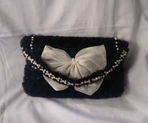 Handmade Black Furry Handbag with White Bow | Cute