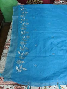 Beautiful Blue Saree with Floral Embroidery