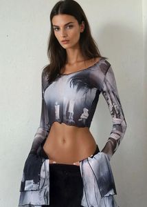 Sheer Graphic Print Mesh Top
