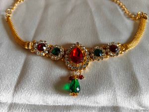 Elegant Gold Necklace with Red &amp; Green Stones