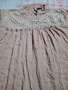 Beige Textured Kurta with Crochet Neckline