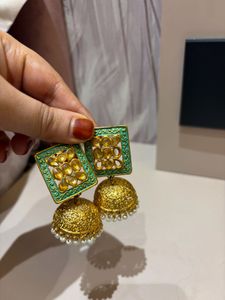 Exquisite Jhumka Earrings with Green Detail