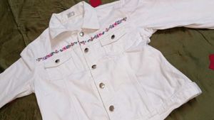 White Denim Jacket with Floral Trim