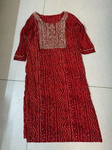 Red Bandhani Embroidered Kurta