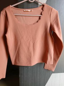 Peach Scalloped Neck Long Sleeve Top