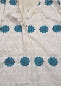 White Kurta with Teal Floral Embroidery