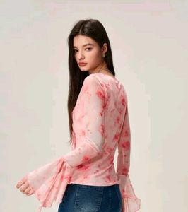 Sheer Pink Floral Tie-Front Top