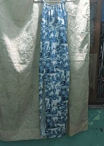 Blue and White Print Maxi Dress with Slit