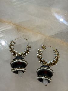 Black Jhumka Hoop Earrings with Pearls