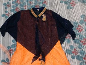 Designer Orange Gown with Navy Shrug
