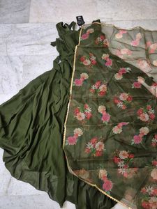 Olive Green only Kurti with Floral Dupatta