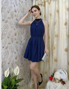 Elegant Navy Blue Halter Dress