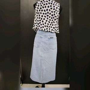 Denim Maxi Skirt with Polka Dot Top