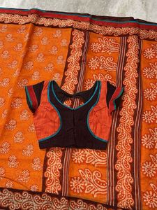 Orange Printed Saree with Blouse