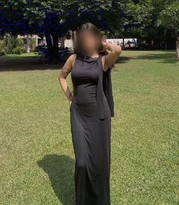 Elegant Black Draped Maxi Dress with Shoulder Sash